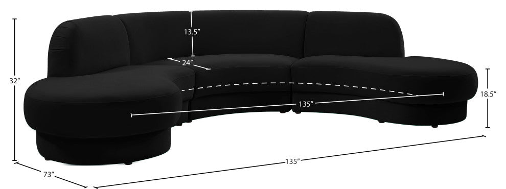 Rosa Velvet Upholstered 3-Piece Sectional, Black