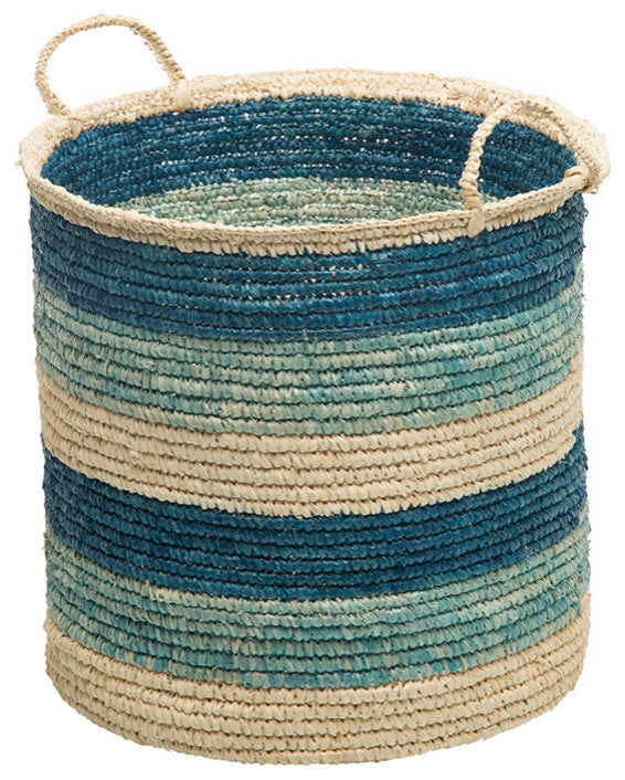 Round Sisal Storge Basket With Handles, Dark Blue, Turquoise and Natural