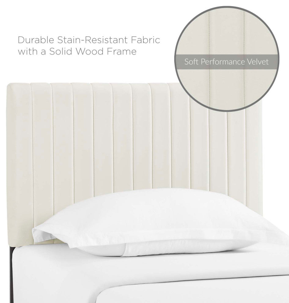 Contemporary Modern Bedroom Twin Size Headbaord, Velvet Fabric, Ivory White