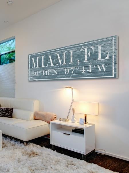"Miami, FL" Painting Print on White Wood, 60"x20"