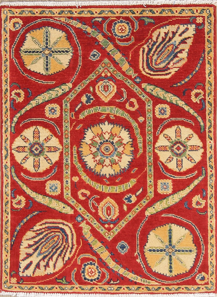 Traditional Wool Hand-Knotted Oriental Pakistani Kazak Area Rug, Red, 3'6"X2'8"