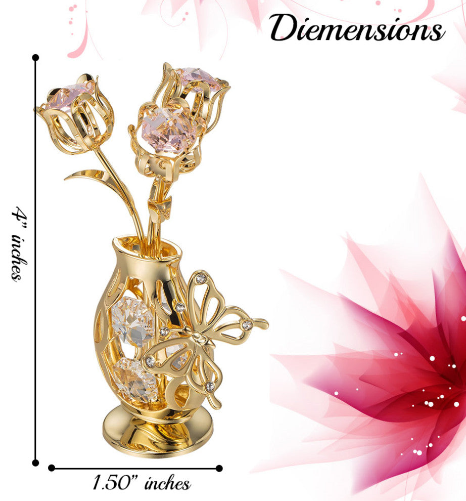 Matashi 24K Gold Plated Flower Ornament in Vase w Crystals Decorative Butterfly