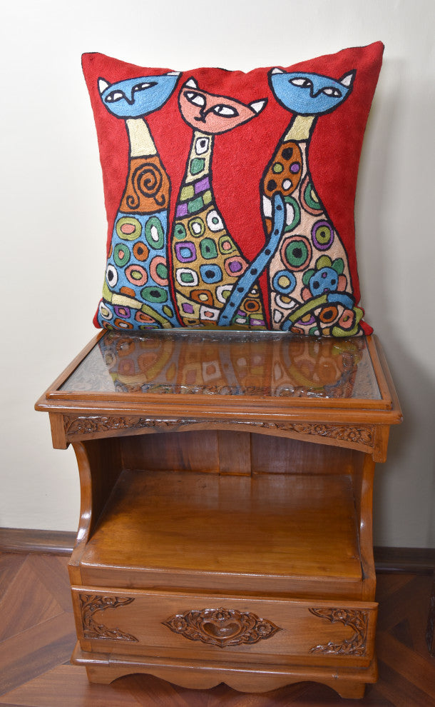 Red Cat Pillow Cover Kitty Face Cushions Wool Hand Embroidered Wool 18x18