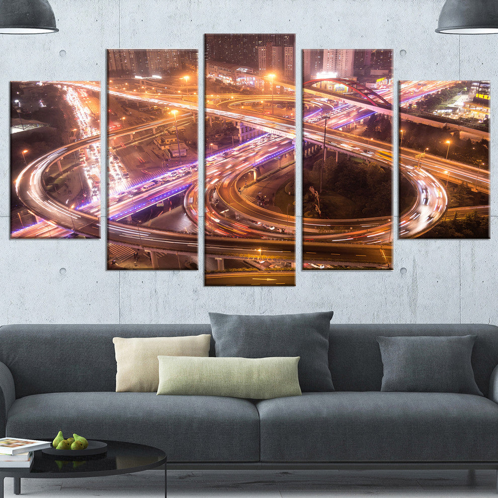 Beautiful Shanghai Traffic, Gold, Extra Large Canvas Print, 60"x32", 5 Panels