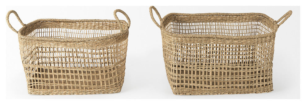 Bellisa Medium Brown Seagrass Rectangular Basket With Handles, 2-Piece Set