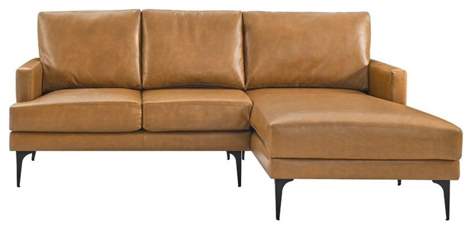 Modway Evermore Right-Facing Vegan Leather and Metal Sectional Sofa in Tan