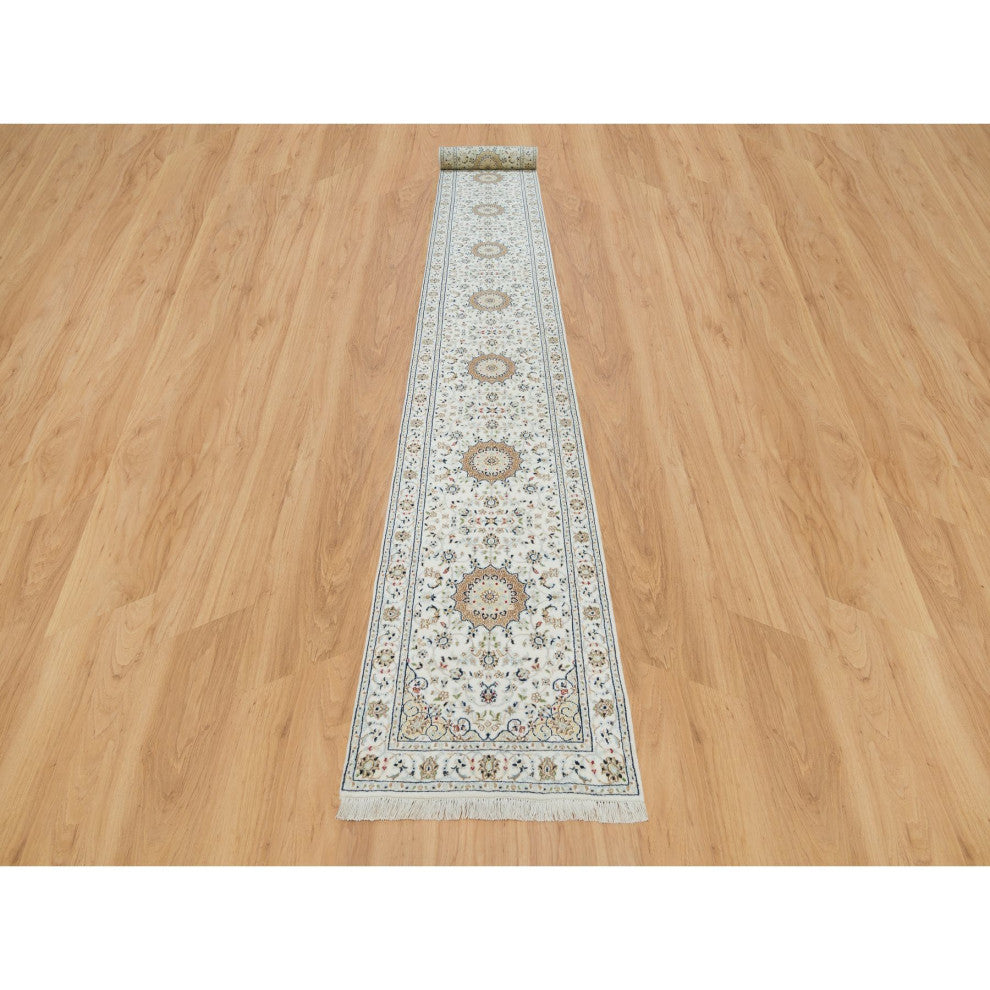 White 250 KPSI Soft Wool Hand Knotted Nain Design XL Runner Rug 2'6"x20'6"