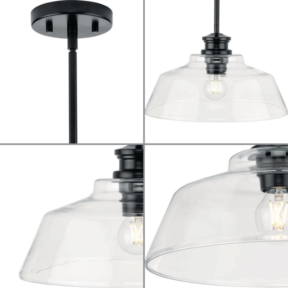 Singleton 1-Light 14" Matte Black Medium Pendant Light With Clear Glass Shade