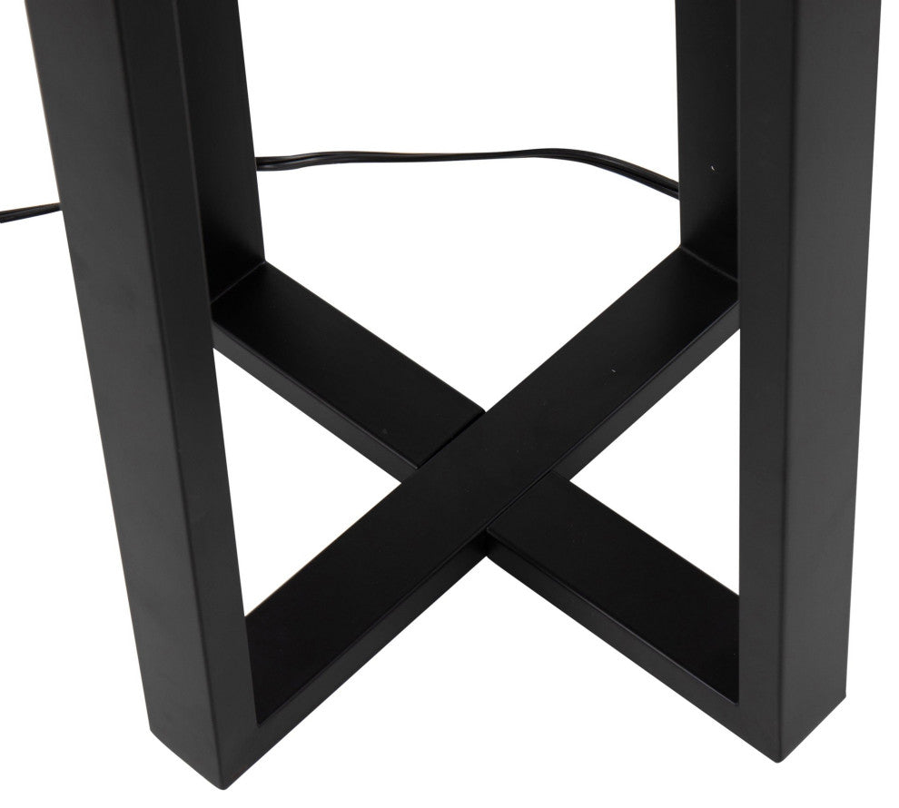 Cosmo Shelf Floor Lamp, White Marble/Black Metal With Black Linen Shade