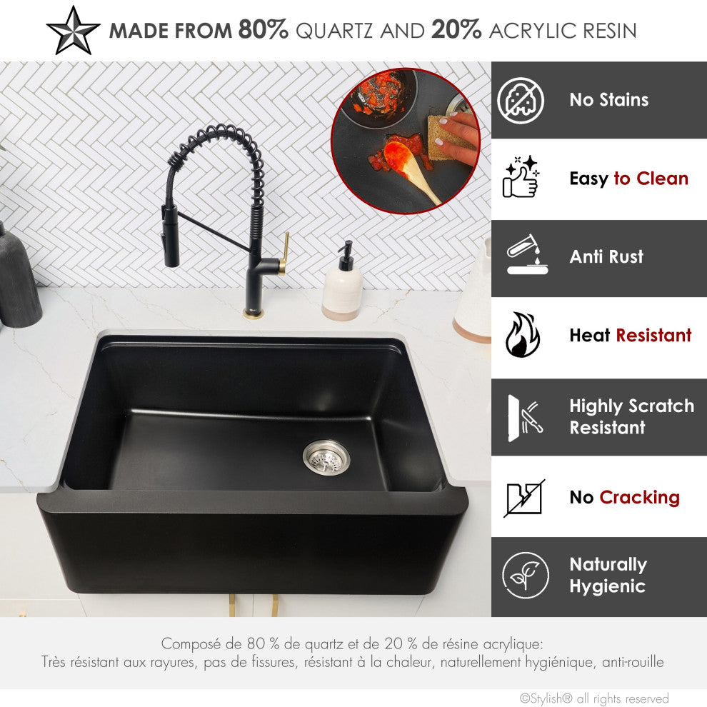 30" Undermount Workstation Single Bowl Black Granite Kitchen