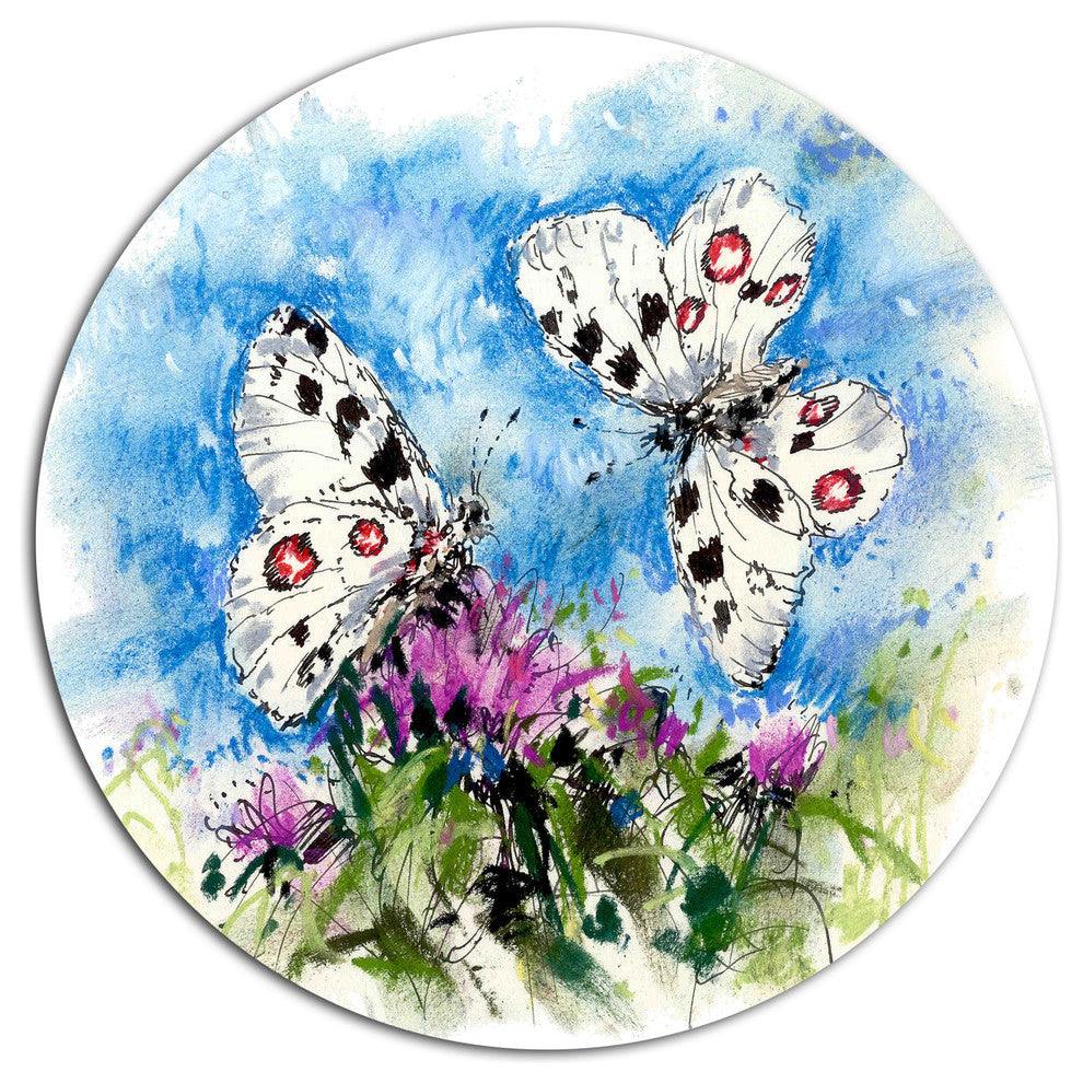Apollo Butterflies Illustration On Blue, Floral Round Artwork, 38"