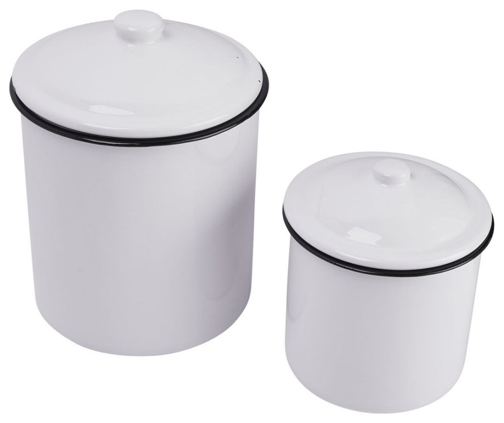 White Enameled Canisters With Lids, 2-Piece Set