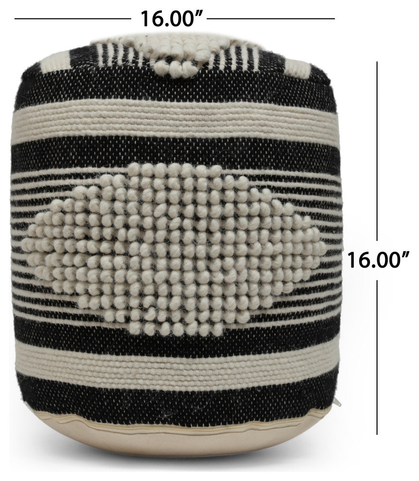 Villard Boho Handcrafted Fabric Cylinder Pouf, White + Black