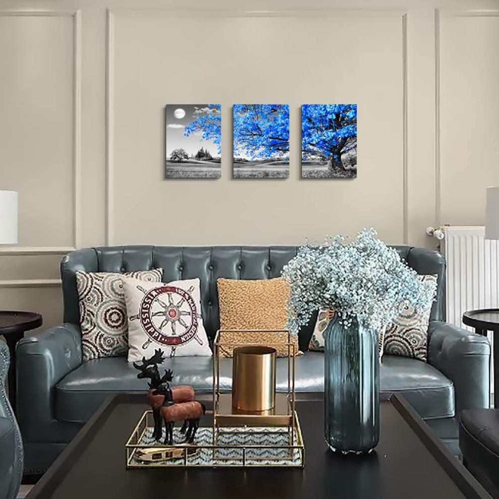 Wall Art For Living Room black and white Blue tree moon Canvas Wall Decor