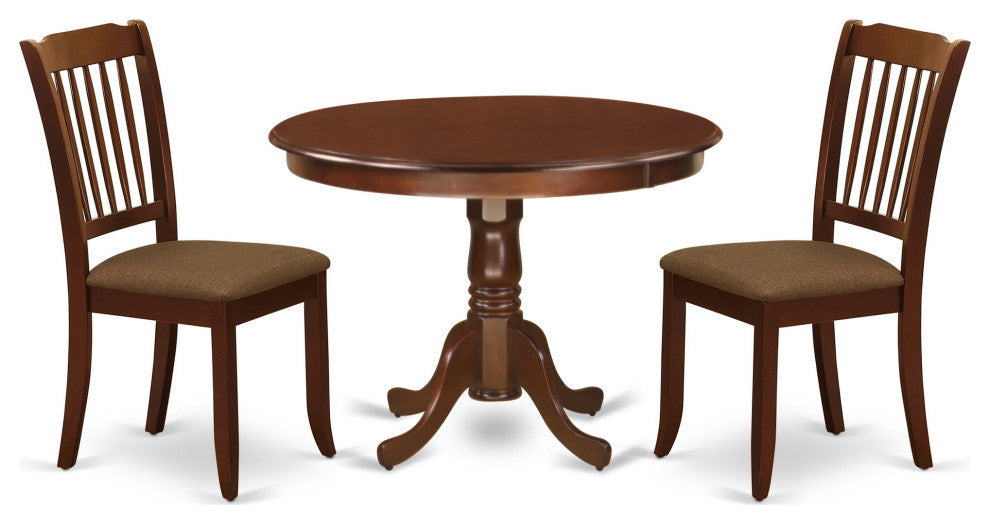3Pc Dinette Set, Rounded Table, Two Linen Seat Chairs, Mahogany Finish