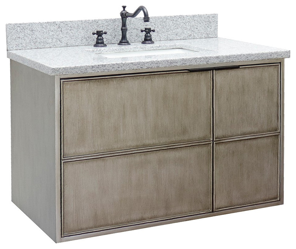 37" Single Wall Mount Vanity, Linen Brown Finish With Gray Granite Top