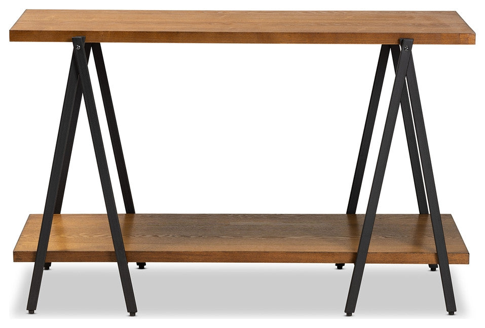 Rustic Walnut Finished Wood and Black Finished Metal Console Table