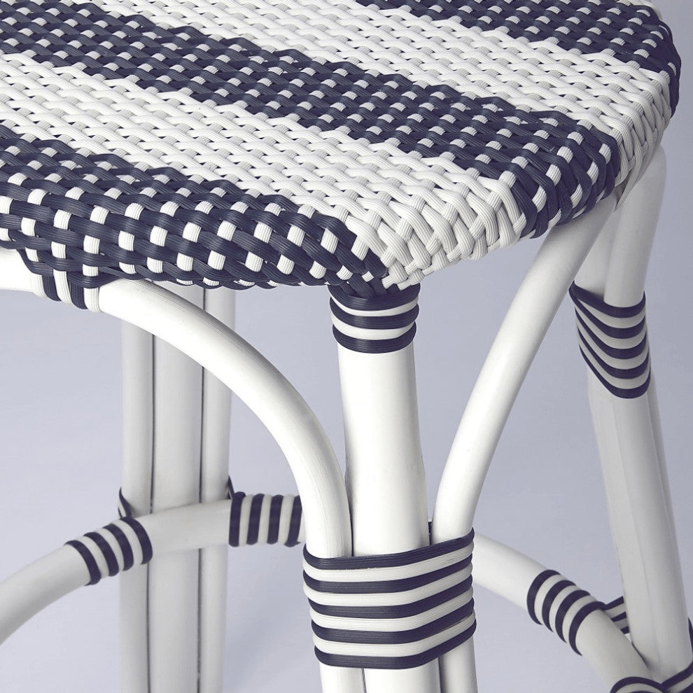 24" Blue and White Rattan Backless Counter Height Bar Chair