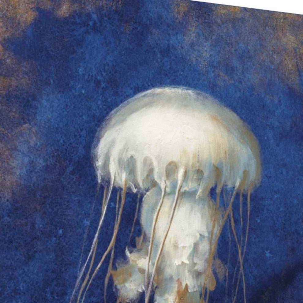 25"  Rustic Deep Blue and Gold Jelly Fish Giclee Wrap Canvas Wall Art