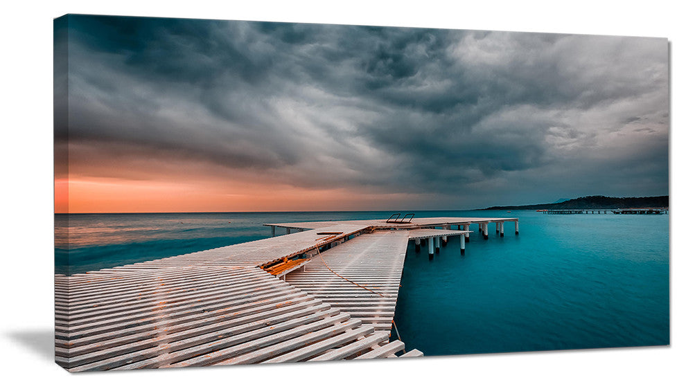 "Pier in Ocean in Cloudy Day" Seashore Canvas Photo Print, 32"x16"