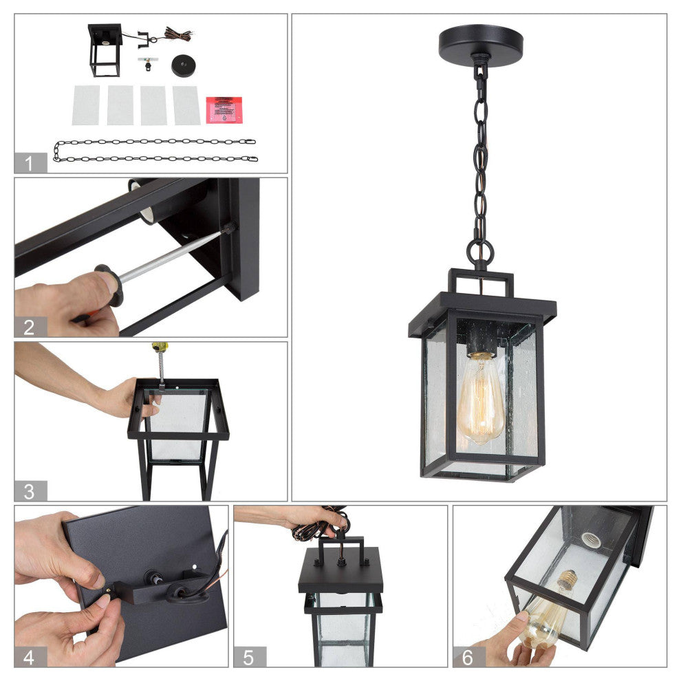 LNC 1-Light Industrial Outdoor Wall Lantern with Seeded Glass Panels, Single Pendant