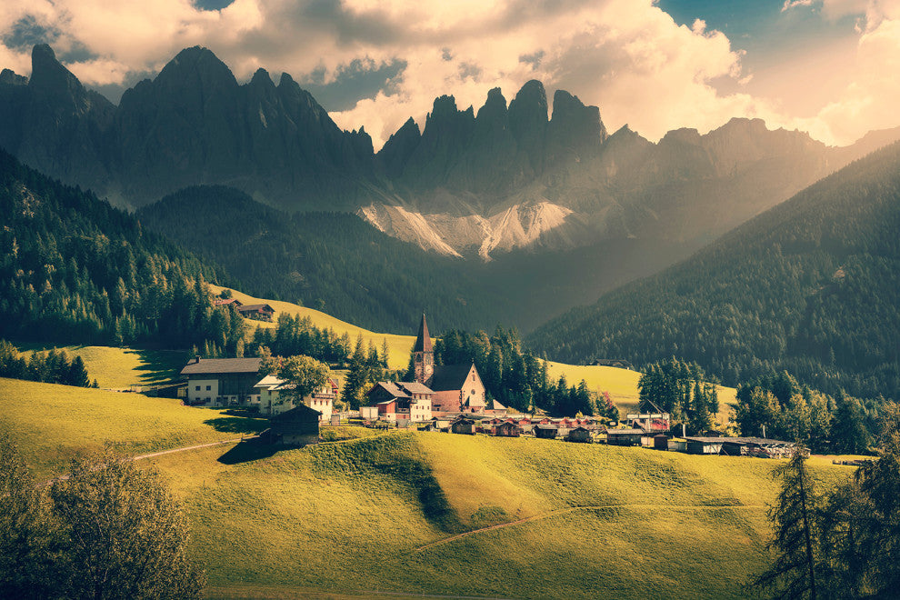 Sun Rays and Santa Maddalena Landscape Photo Canvas Wall Art Prints, 18" X 24"