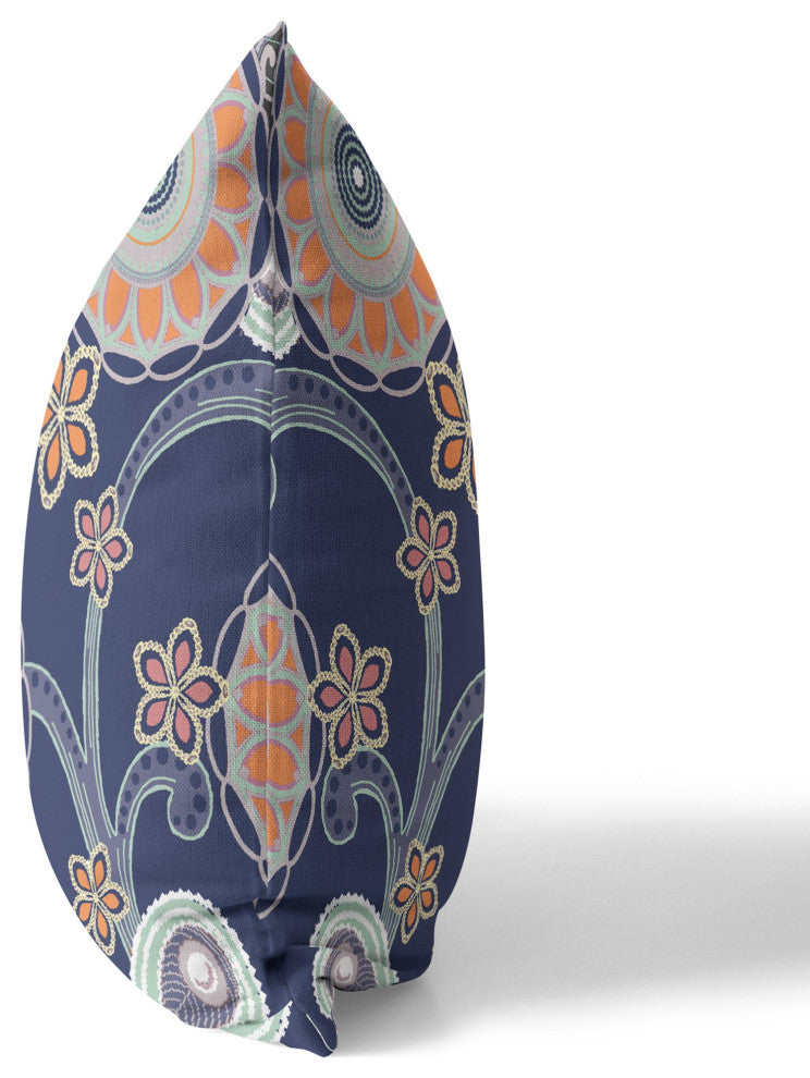 20 Indigo Orange Floral Indoor Outdoor Zippered Throw Pillow