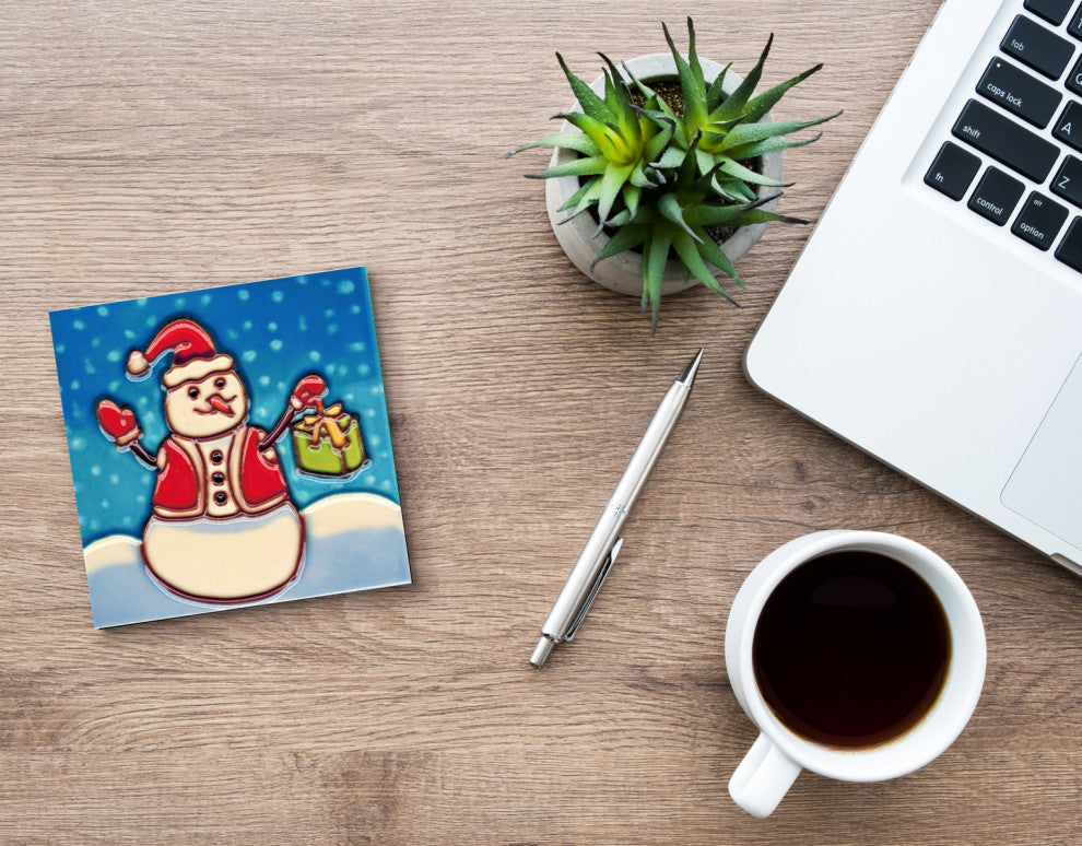 4x4" Snowman Holding a Present Ceramic Art Tile Drink Holder Coaster