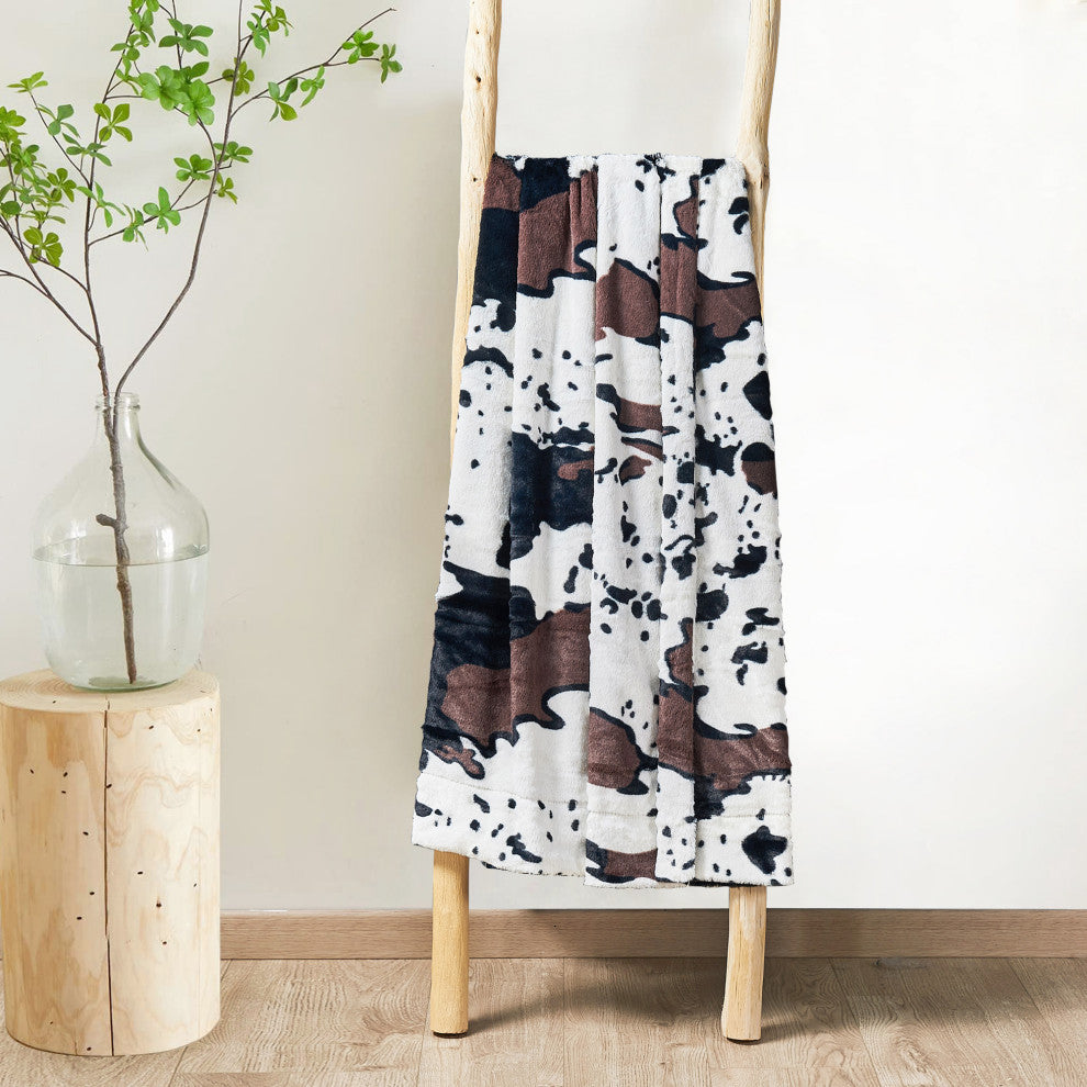 Animal Printed Double Sided Faux Fur Throw Blanket, Cow, 50"x60"