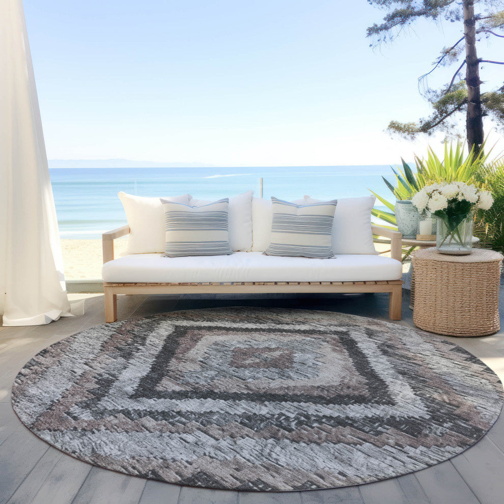 Machine Washable Indoor/Outdoor Chantille ACN1890 Taupe 8' x 8' Round Rug