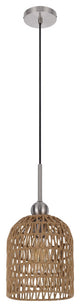 8 Inch Dia. Pendant Ceiling Light Fixture, Rope Woven Shade, Brown, Chrome