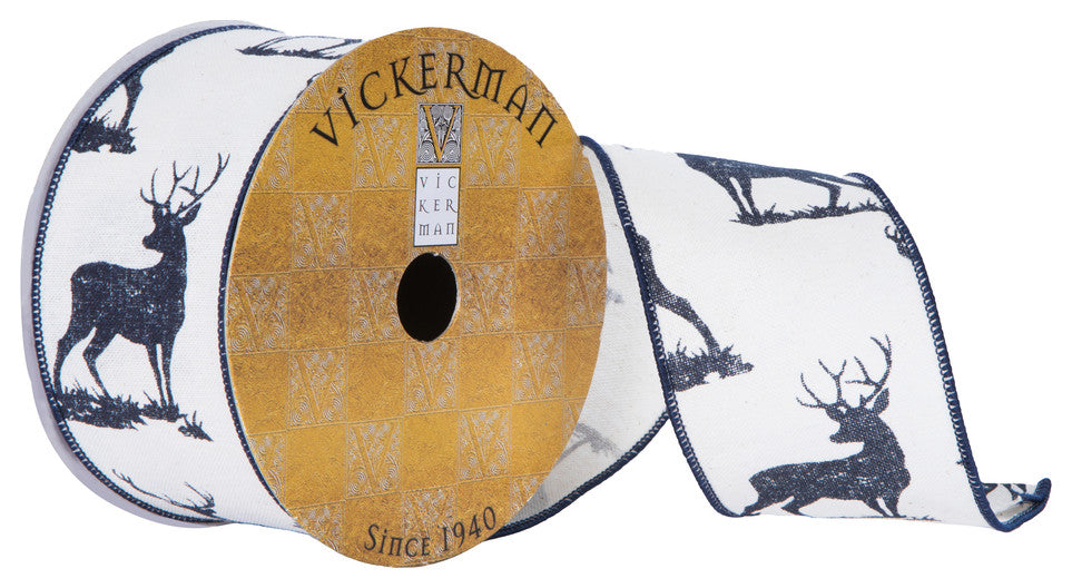 Vickerman Q202743 2.5"X10 Yard Ivory And Dark Blue Buck Print Christmas Ribbon