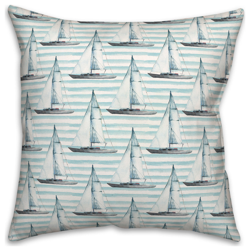 Blue Boats On Stripes 20 x 20 Spun Poly Pillow