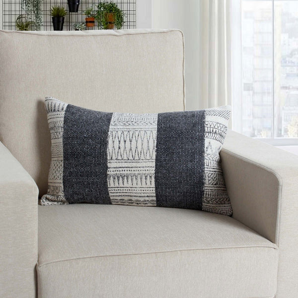 Benzara BM200576 12 x 20 Cotton Dhurri Pillow with Kilim Pattern, Gray and White