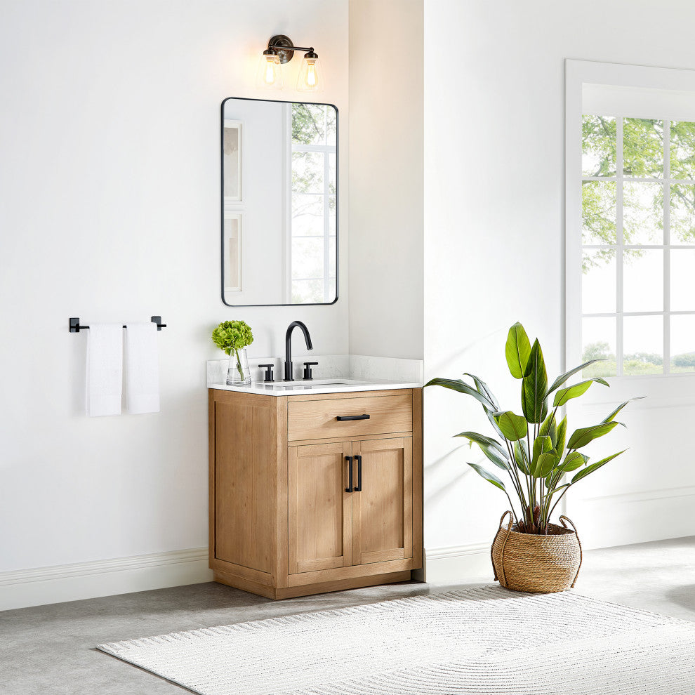 Gavino Vanity With Grain White Composite Stone Top, Light Brown/Matte Black, 30", With Mirror