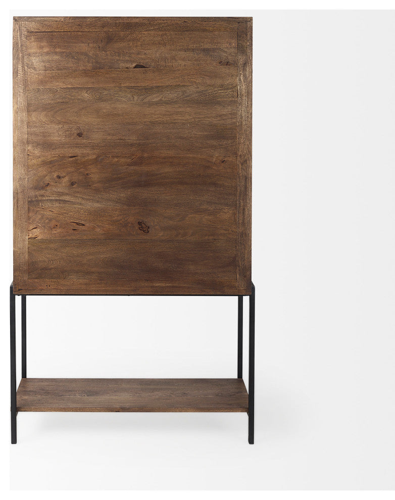 Arelius Medium Brown Solid Wood w/Black Metal Base Display Cabinet