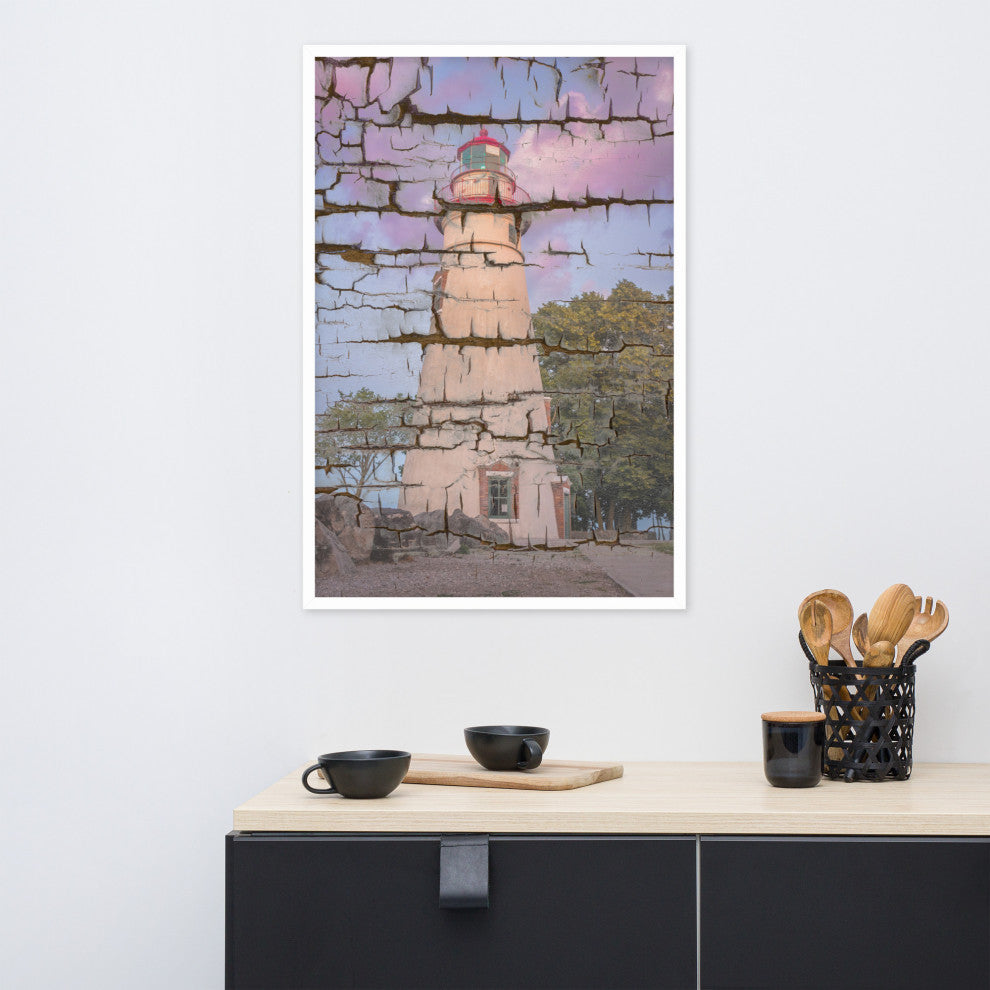 Faux Wood Texture Marblehead Lighthouse at Sunset Framed Photo Wall Art Print, White, 24" X 36"