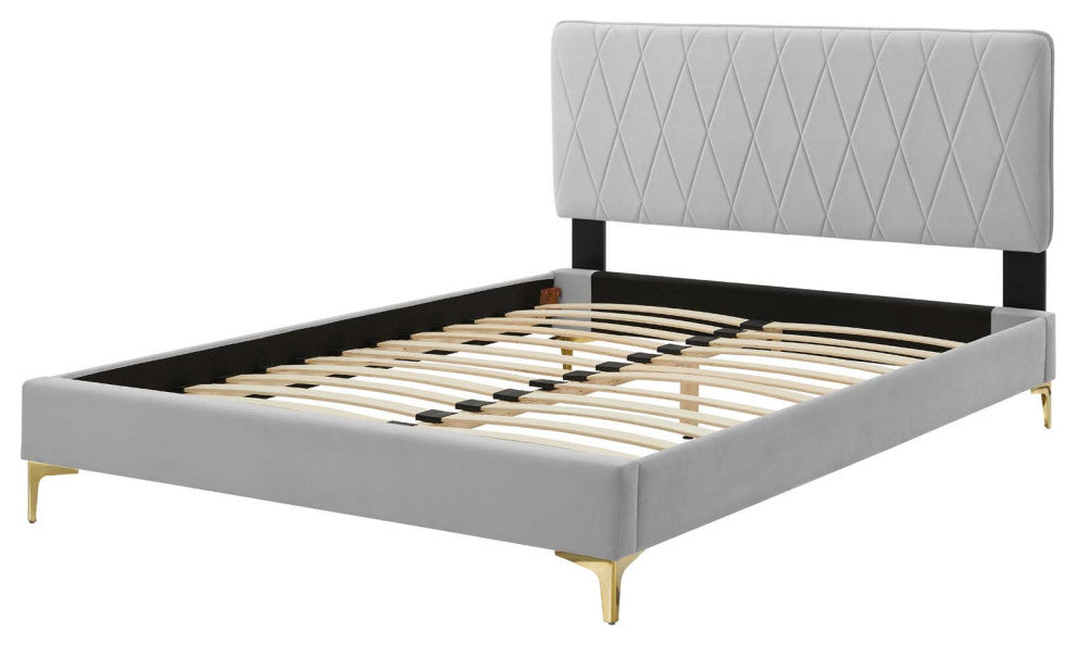 Platform Bed Frame, King Size, Velvet, Light Gray, Modern Contemporary