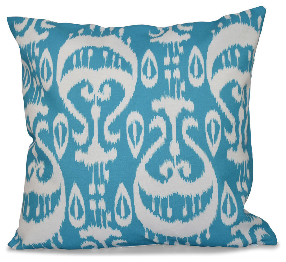 Ikat , Geometric Print Pillow, Turquoise, 16"x16"