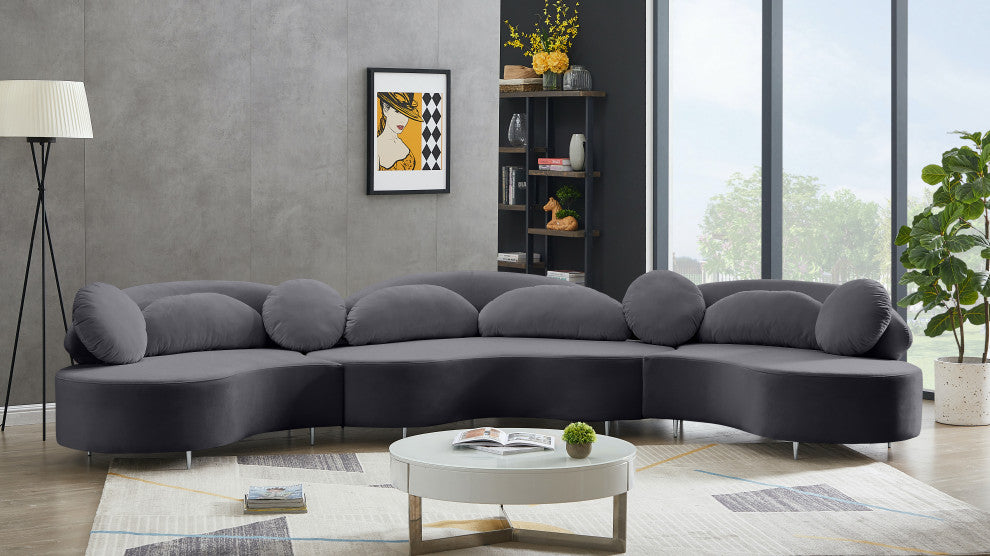 Vivacious Velvet Upholstered 3-Piece Sectional, Gray