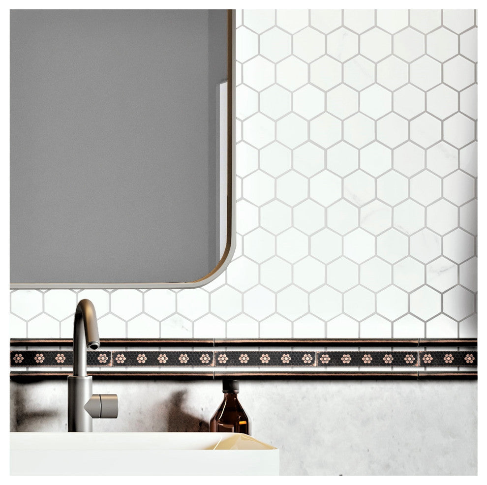 Floral Hex Metal  Tile Trim 1"x6", Set of 5, Oil Rubbed Bronze