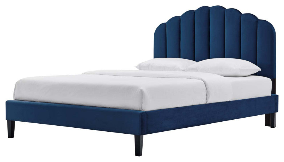 Platform Bed Frame, King Size, Blue Navy, Velvet, Modern, Bedroom Guest Suite