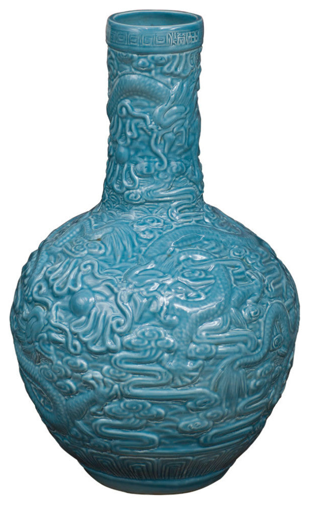 Sky Blue Porcelain Imperial Dragon Motif Chinese Temple Vase