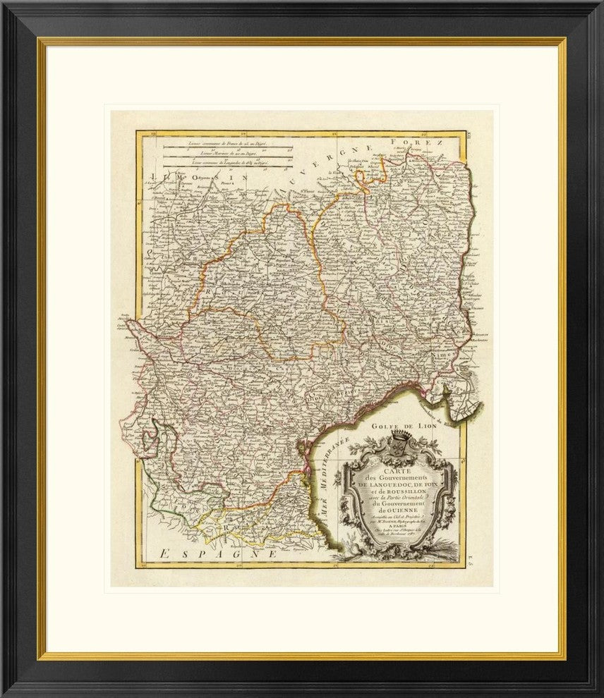 "Languedoc, Foix, Roussillon, Guienne, 1787"  by Rigobert Bonne, 28x32"