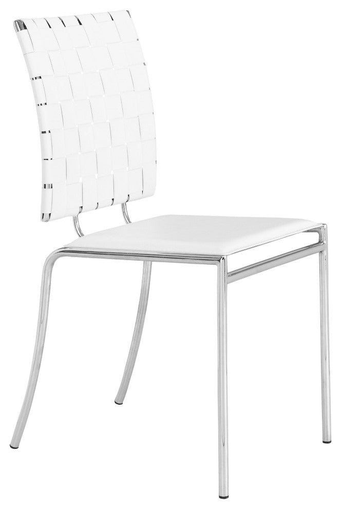 Set of Four White Faux Leather and Steel Modern Basket Weave Dining Chairs