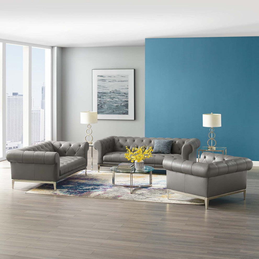 Tufted Armchair and Loveseat Sofa Set, Leather, Gray, Modern, Lounge