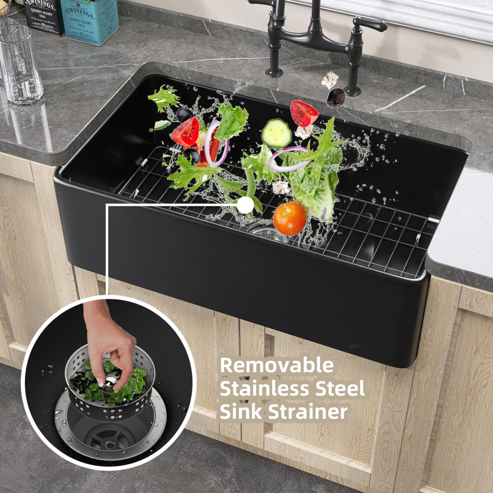 36"x20" Apron Front Single Bowl Farm Fireclay Kitchen Sink with Accessories