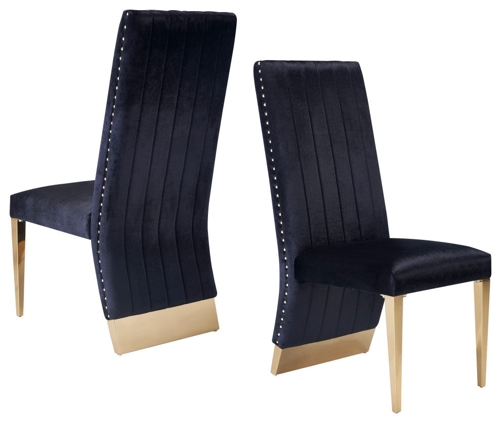 Modrest Keisha, Modern Black Velvet and Gold Dining Chair Set of 2