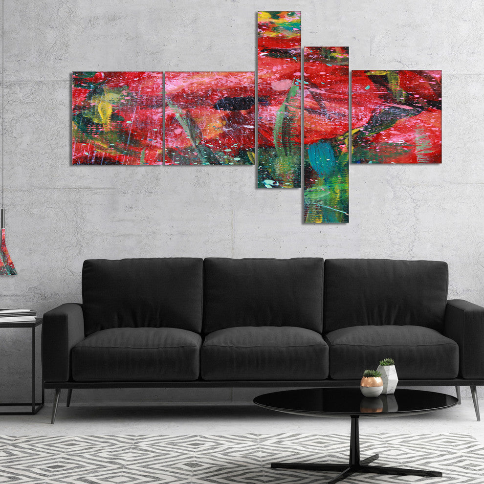 Red Poppies Acrylic Drawing, Extra Large Floral Wall Art, 60"x32", 5 panels