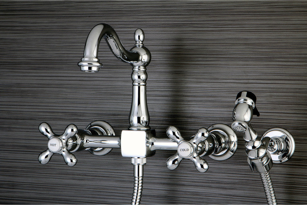 Heritage Wall Mount Bridge Kitchen Faucet, Brass Sprayer, Polished Chrome